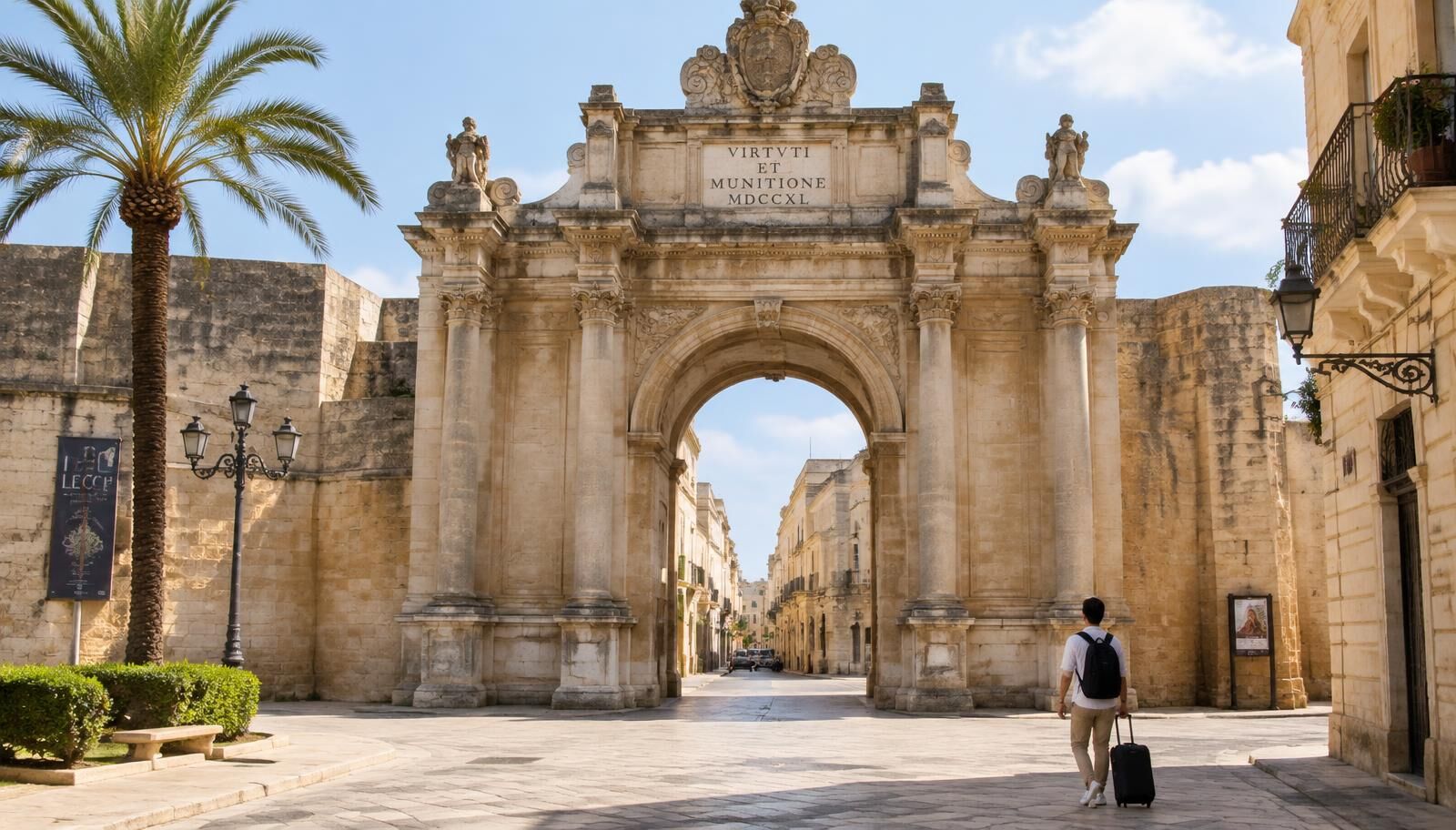 Vue de la Porta Napoli, l'entrée monumentale du centre historique de Lecce sous un ciel bleu.