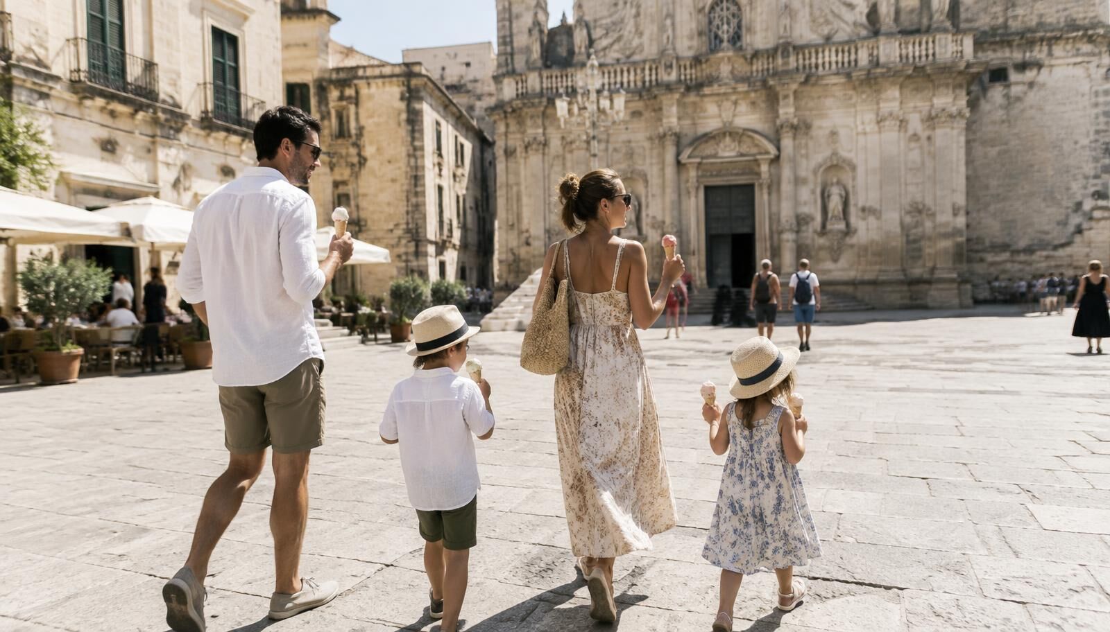 Une famille marchant devant la Basilique Santa Croce à Lecce, admirant les sculptures baroques.