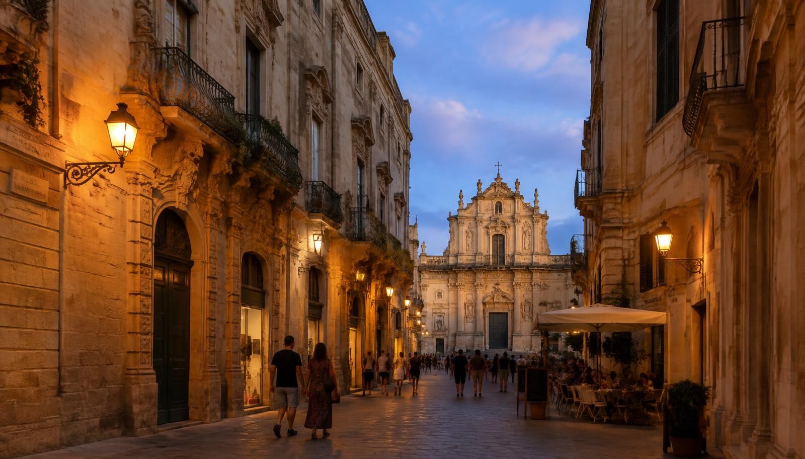 La Piazza del Duomo de Lecce illuminée la nuit avec ses pierres dorées.